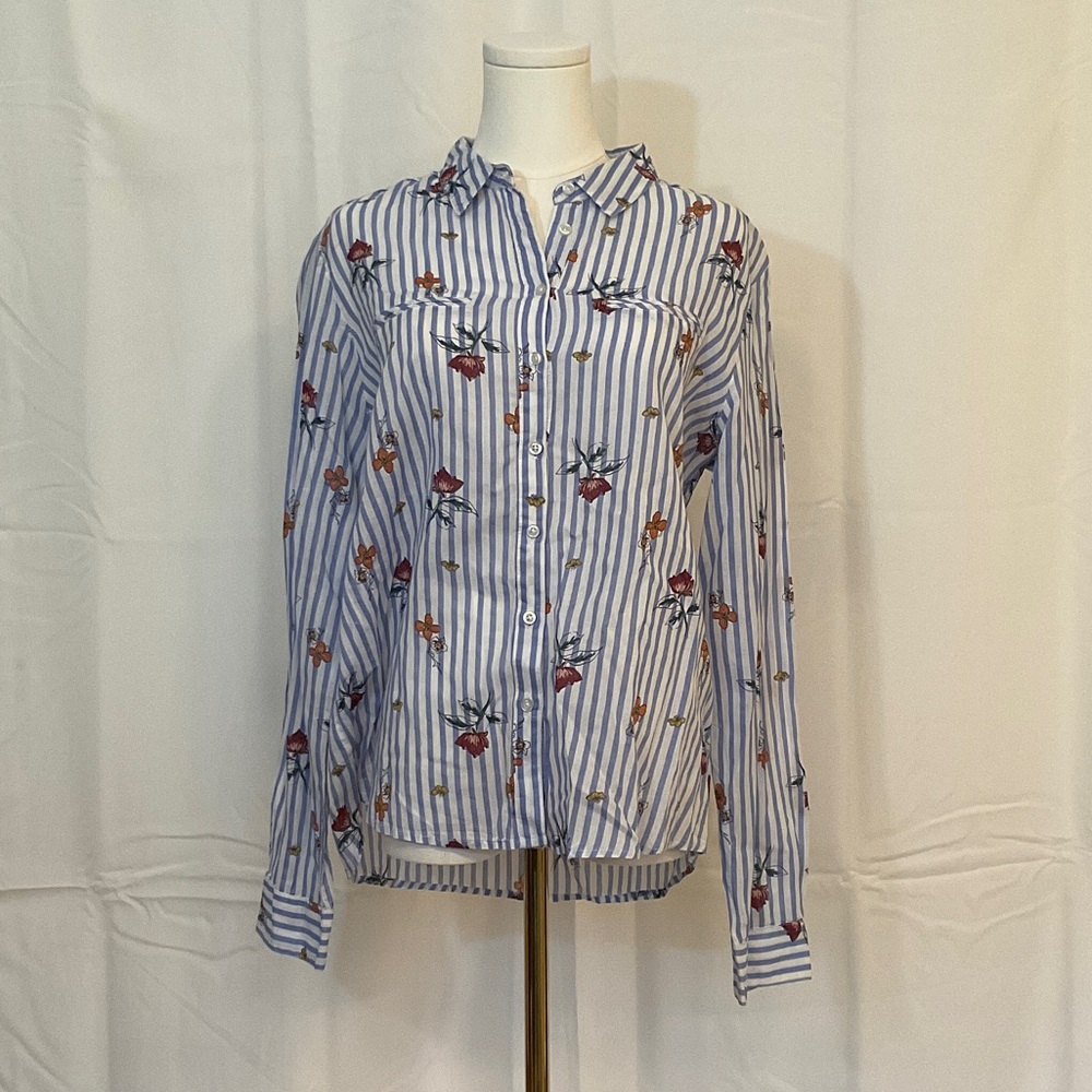 Elegant Blue and White Striped Men's Shirt with Floral Accents